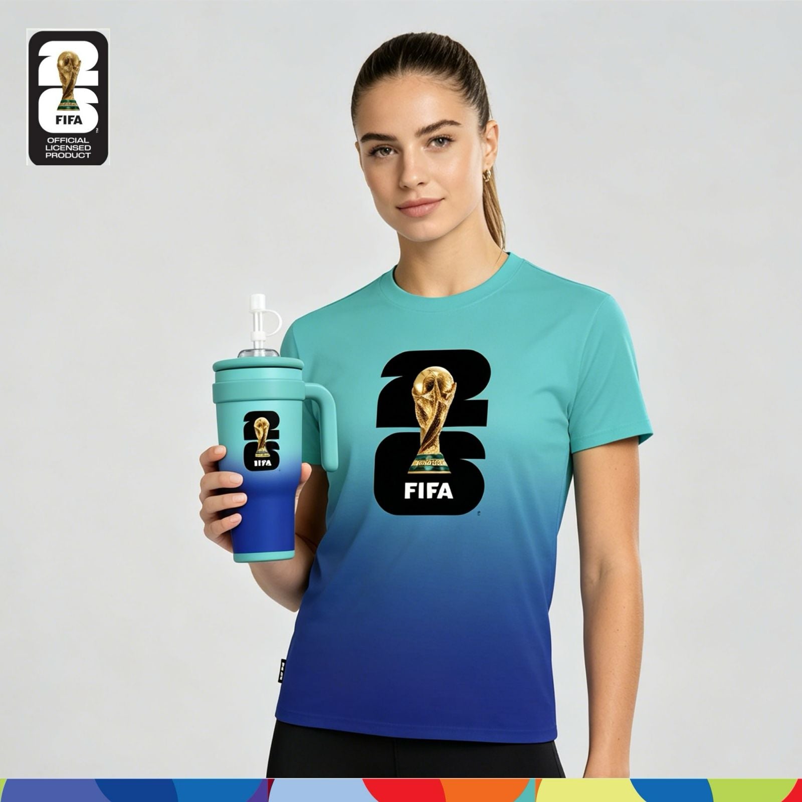 FIFA World Cup 2026™ Unisex Dry-Fit Jersey Turquoise-Blue Gradient + FIFA World Cup 2026™ Double Wall Vacuum Tumbler 900ml (Mint Green & Blue)