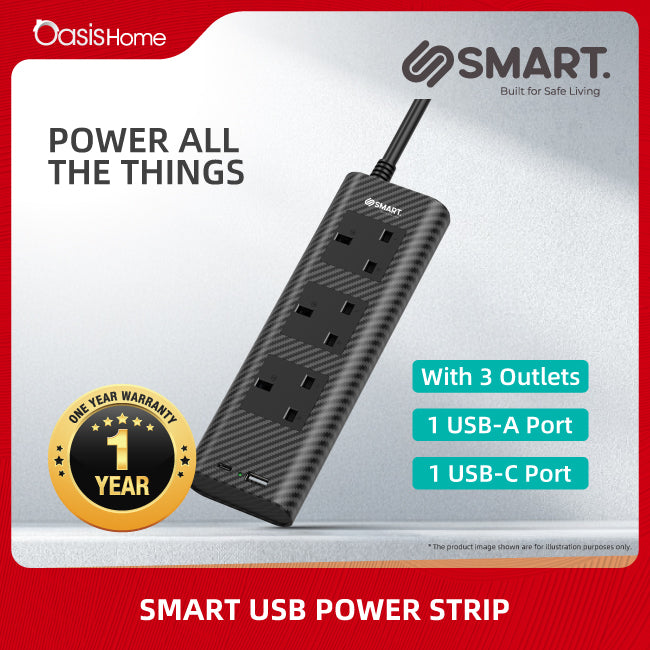 Smart Black USB Power Strip (3 Socket + 2 USB)