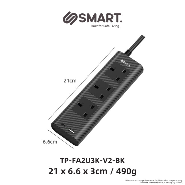 Smart Black USB Power Strip (3 Socket + 2 USB)