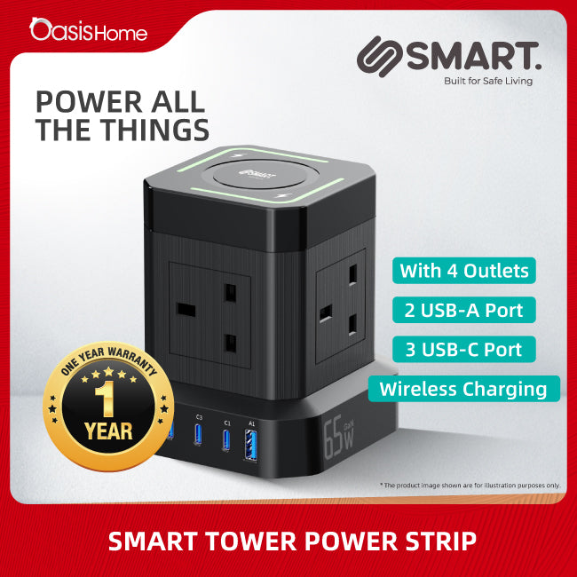 Smart Tower Power Strip (4 Socket + Wireless Charging + 2 USB-A + 3 USB-C)