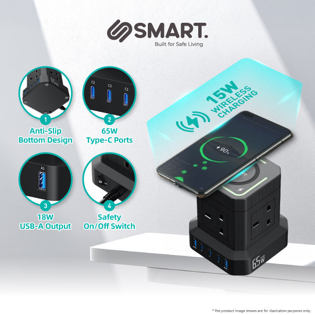 Smart Tower Power Strip (4 Socket + Wireless Charging + 2 USB-A + 3 USB-C)