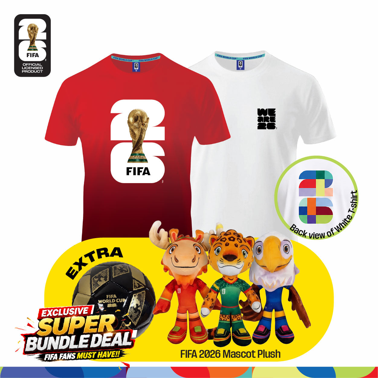 Fan Gear Frenzy (Official Licensed) FIFA 2026 Bundle - T‑Shirt (White)+ Jersey (Red) + Football (Size-2) + Full Set Mascot Plush Toy