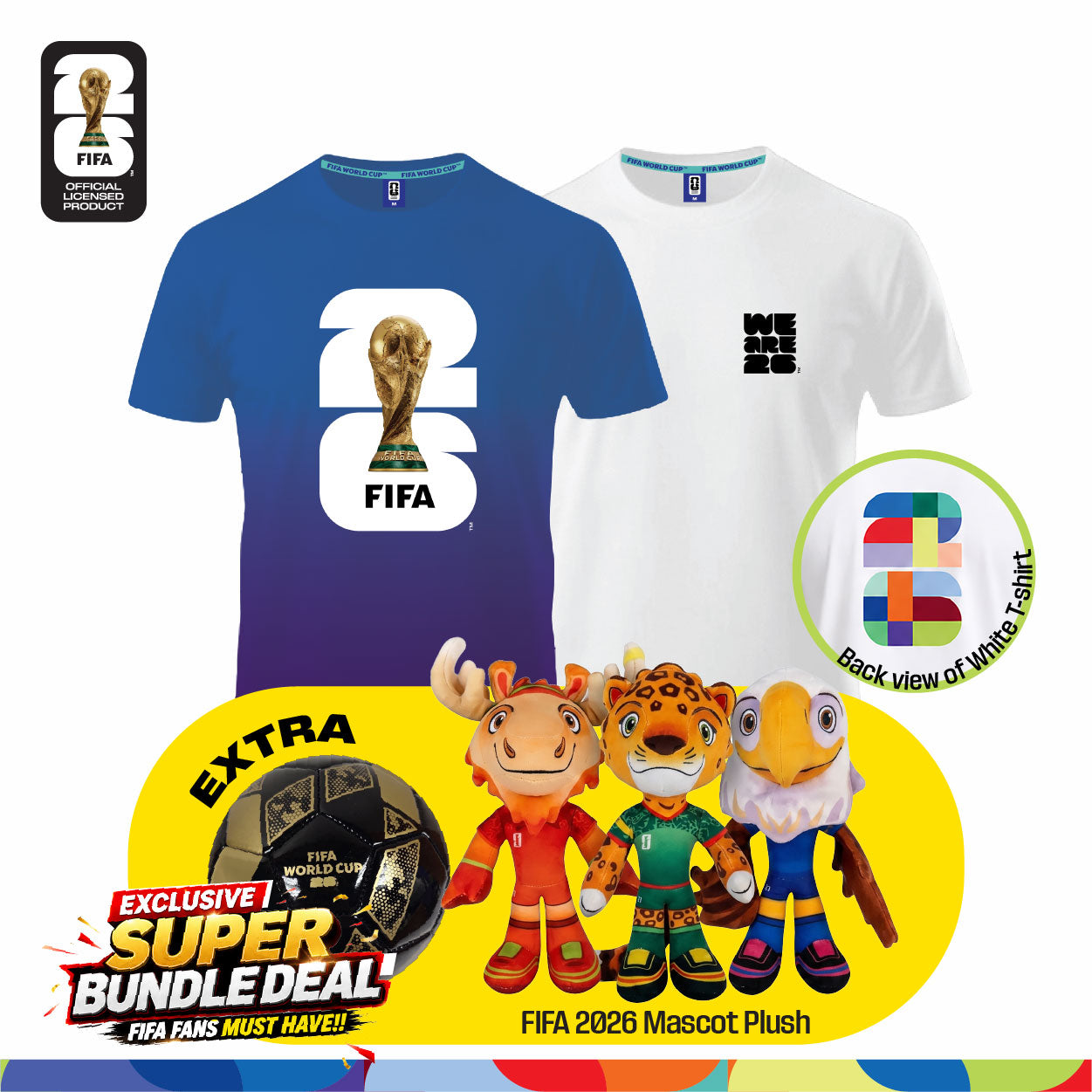 Fan Gear Frenzy (Official Licensed) FIFA 2026 Bundle - T‑Shirt (White)+ Jersey (Blue) + Football (Size-2) + Full Set Mascot Plush Toy