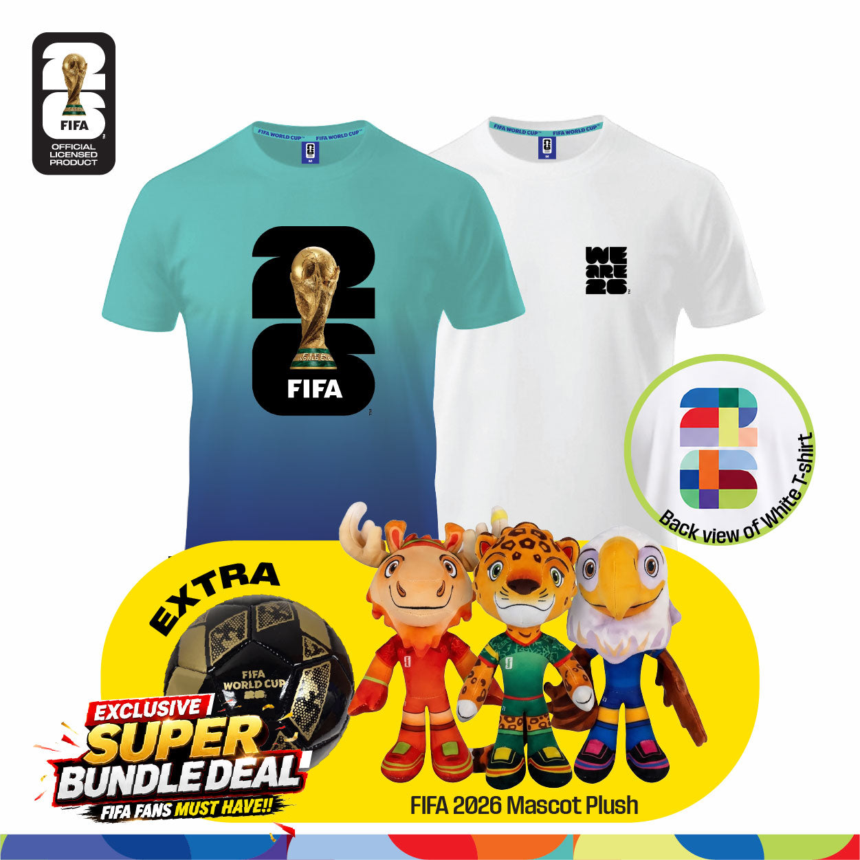 Fan Gear Frenzy (Official Licensed) FIFA 2026 Bundle - T‑Shirt (White)+ Jersey (Turquoise Blue) + Football (Size-2) + Full Set Mascot Plush Toy