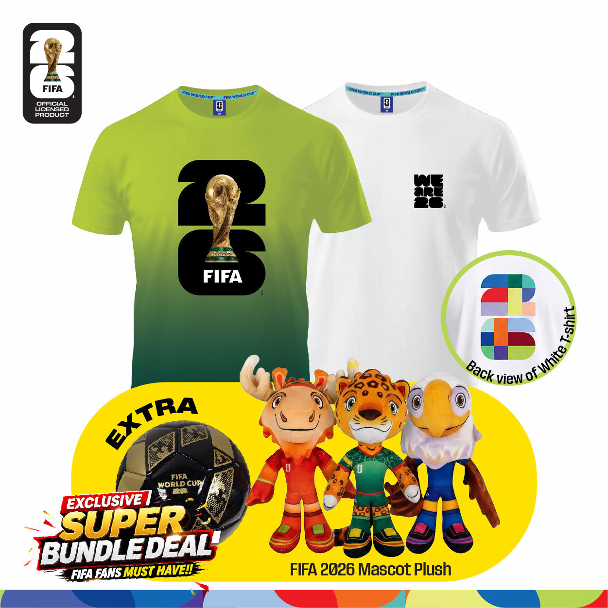 Fan Gear Frenzy (Official Licensed) FIFA 2026 Bundle - T‑Shirt (White)+ Jersey (Green) + Football (Size-2) + Full Set Mascot Plush Toy