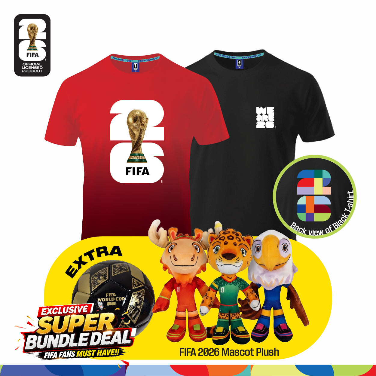 Fan Gear Frenzy (Official Licensed) FIFA 2026 Bundle - T‑Shirt (Black)+ Jersey (Red) + Football (Size-2) + Full Set Mascot Plush Toy