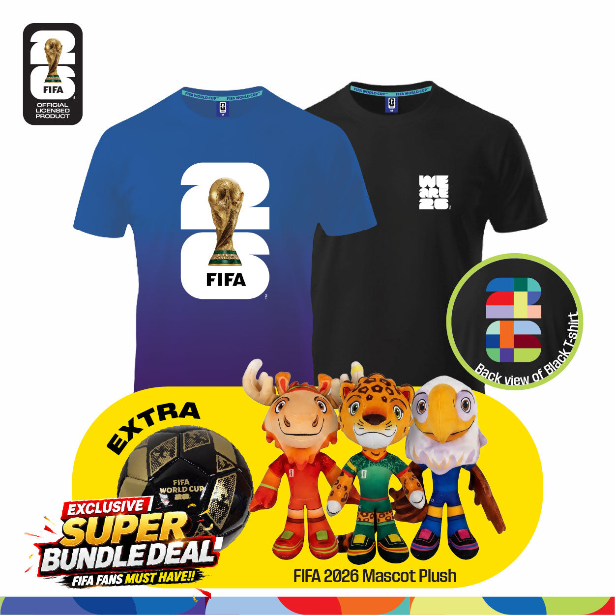 Fan Gear Frenzy (Official Licensed) FIFA 2026 Bundle - T‑Shirt (Black)+ Jersey (Blue) + Football (Size-2) + Full Set Mascot Plush Toy