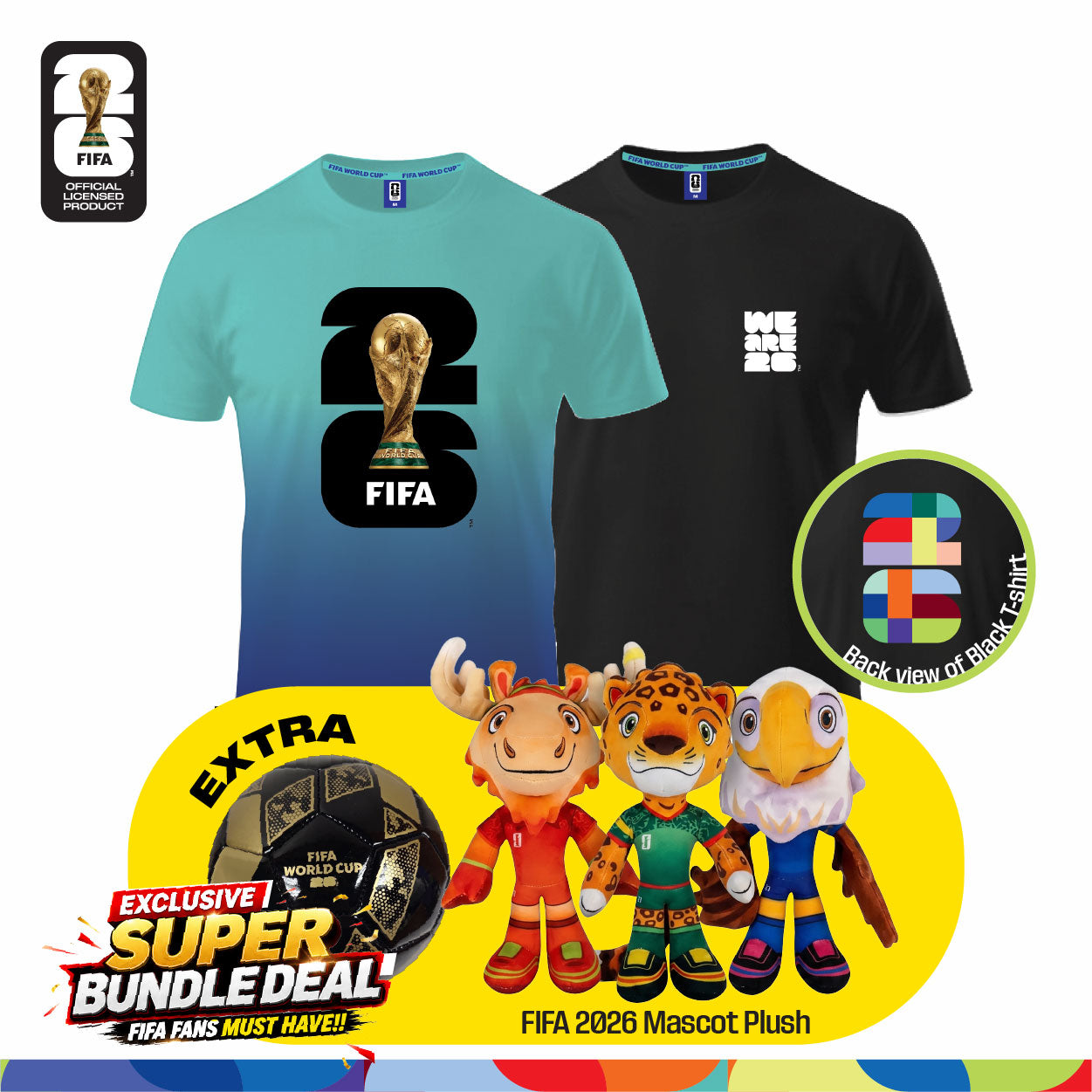 Fan Gear Frenzy (Official Licensed) FIFA 2026 Bundle - T‑Shirt (Black)+ Jersey (Turquoise Blue) + Football (Size-2) + Full Set Mascot Plush Toy