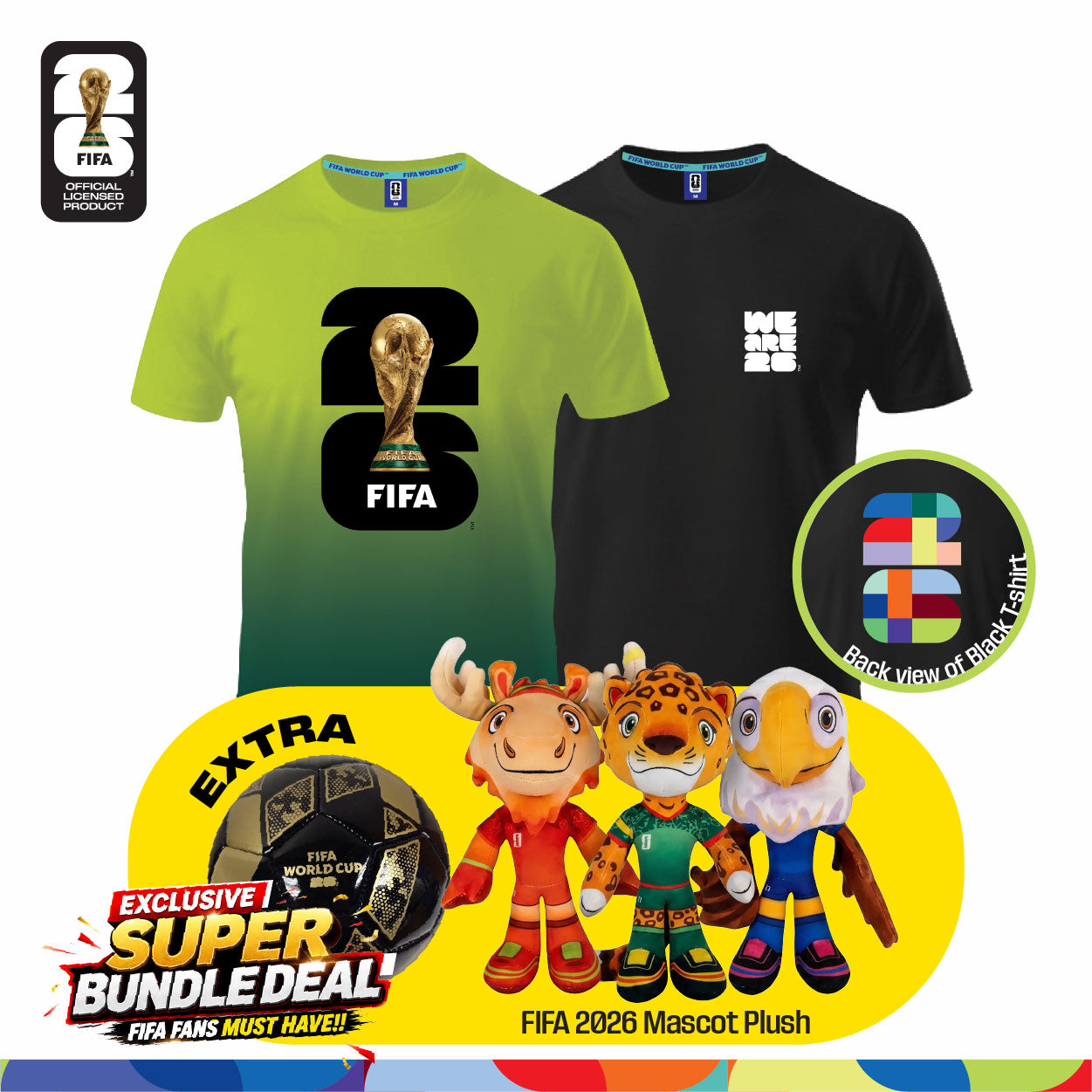 Fan Gear Frenzy (Official Licensed) FIFA 2026 Bundle - T‑Shirt (Black)+ Jersey (Green) + Football (Size-2) + Full Set Mascot Plush Toy