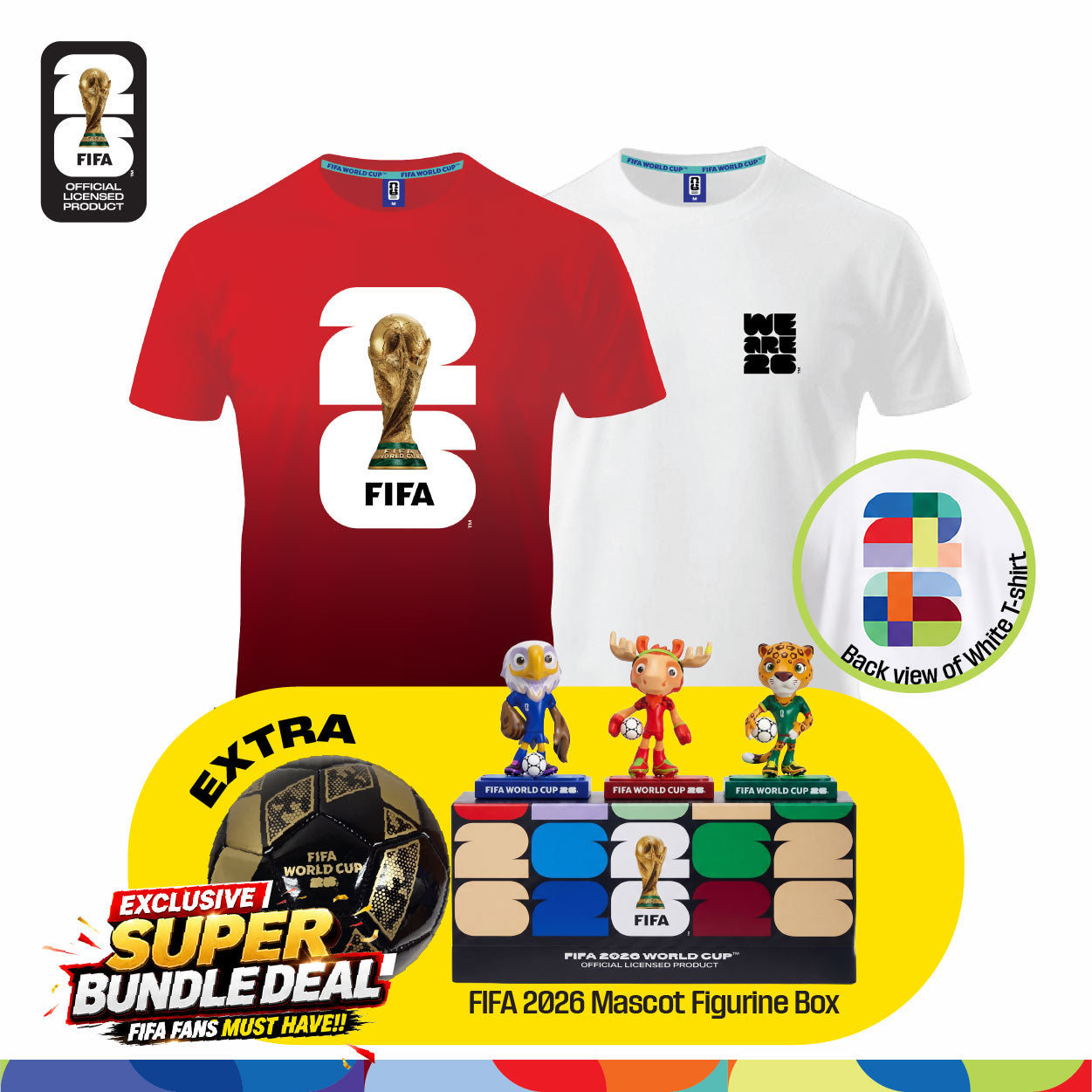 Fan Gear Frenzy (Official Licensed) FIFA 2026 Bundle - T‑Shirt (White)+ Jersey (Red) + Football (Size-2) + Full Set Mascot Figurine Box