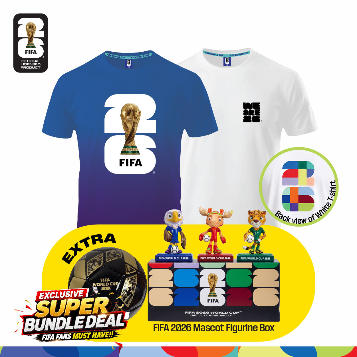 Fan Gear Frenzy (Official Licensed) FIFA 2026 Bundle - T‑Shirt (White)+ Jersey (Blue) + Football (Size-2) + Full Set Mascot Figurine Box