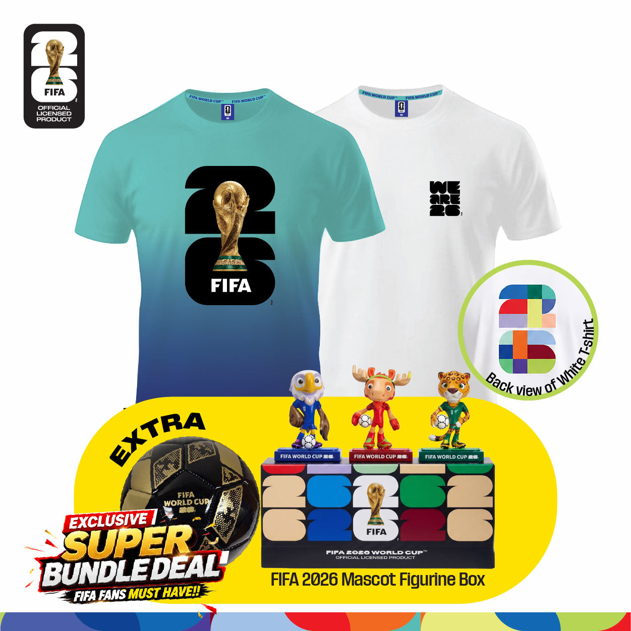 Fan Gear Frenzy (Official Licensed) FIFA 2026 Bundle - T‑Shirt (White)+ Jersey (Red) + Football (Size-2) + Full Set Mascot Figurine Box