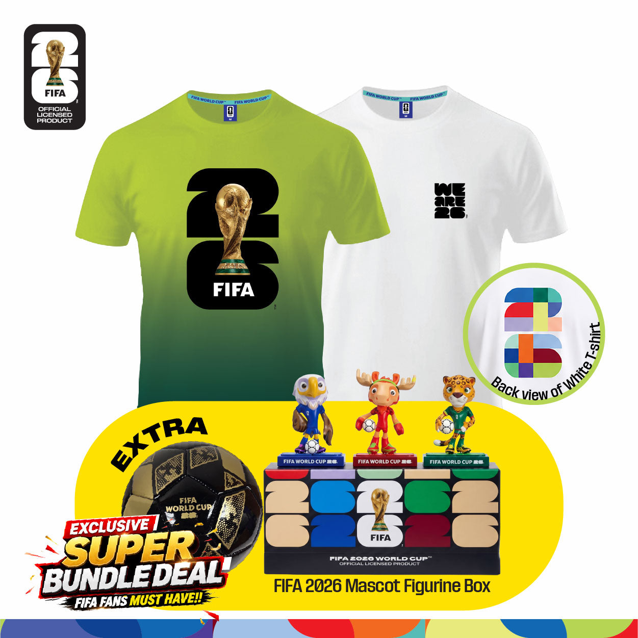 Fan Gear Frenzy (Official Licensed) FIFA 2026 Bundle - T‑Shirt (White)+ Jersey (Green) + Football (Size-2) + Full Set Mascot Figurine Box