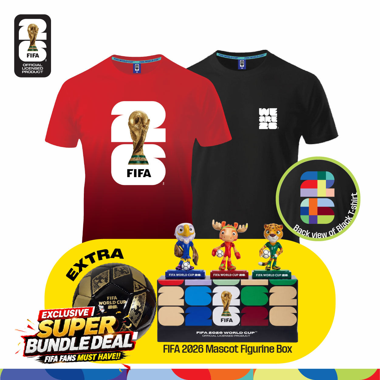 Fan Gear Frenzy (Official Licensed) FIFA 2026 Bundle - T‑Shirt (Black)+ Jersey (Red) + Football (Size-2) + Full Set Mascot Figurine Box