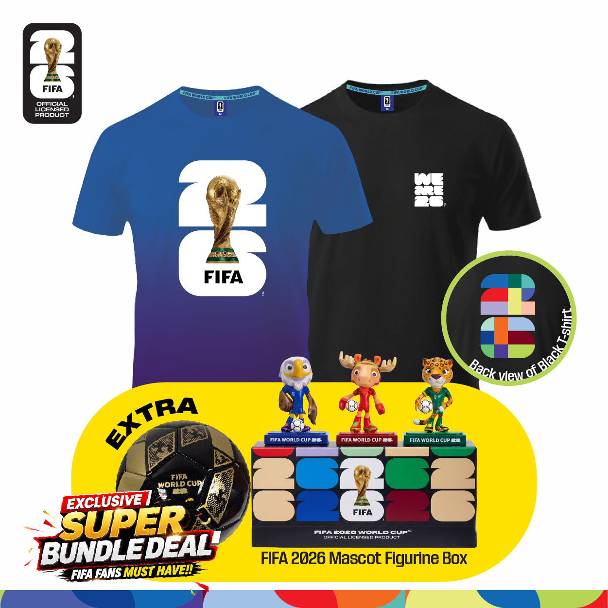 Fan Gear Frenzy (Official Licensed) FIFA 2026 Bundle - T‑Shirt (Black)+ Jersey (Blue) + Football (Size-2) + Full Set Mascot Figurine Box