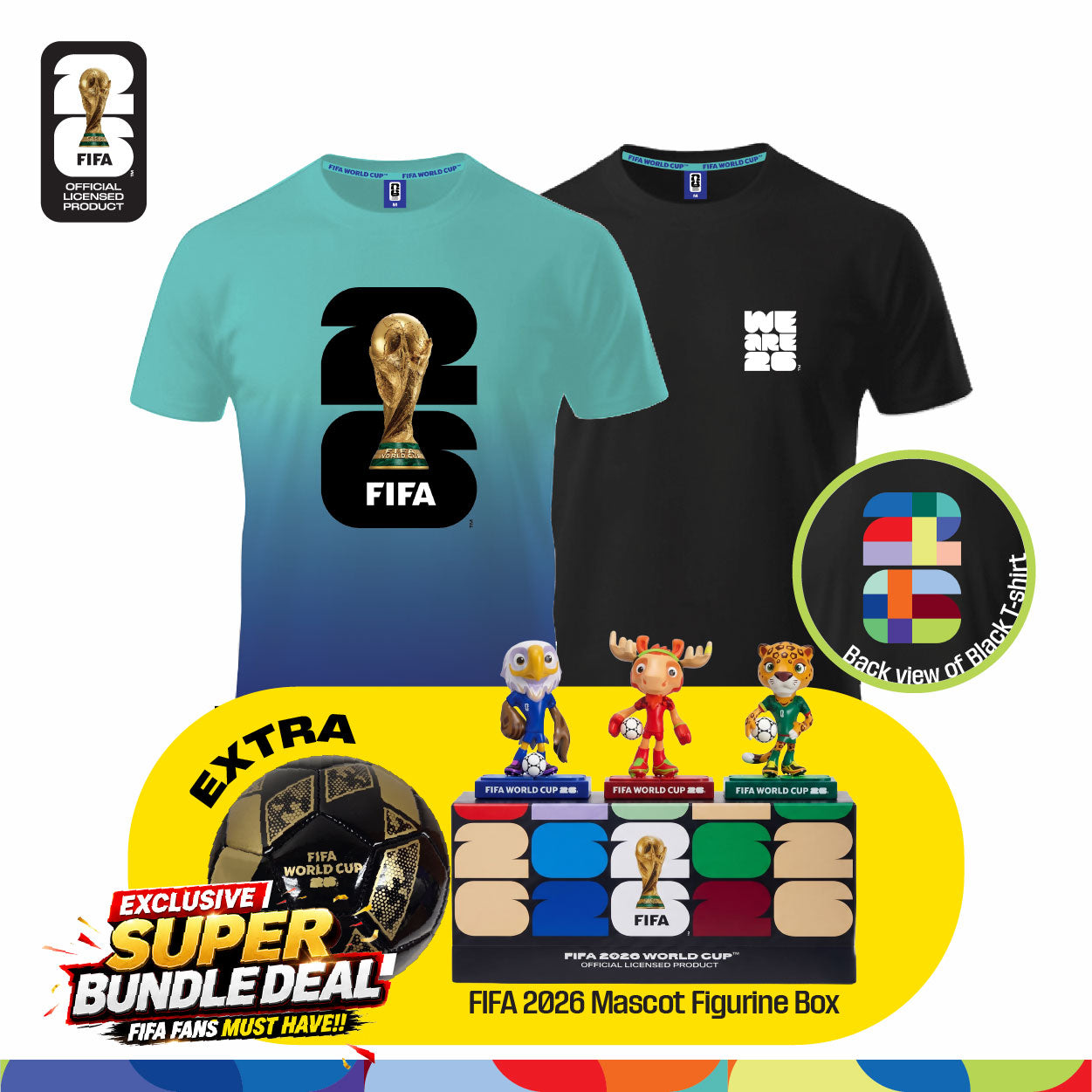 Fan Gear Frenzy (Official Licensed) FIFA 2026 Bundle - T‑Shirt (Black)+ Jersey (Turquoise Blue) + Football (Size-2) + Full Set Mascot Figurine Box