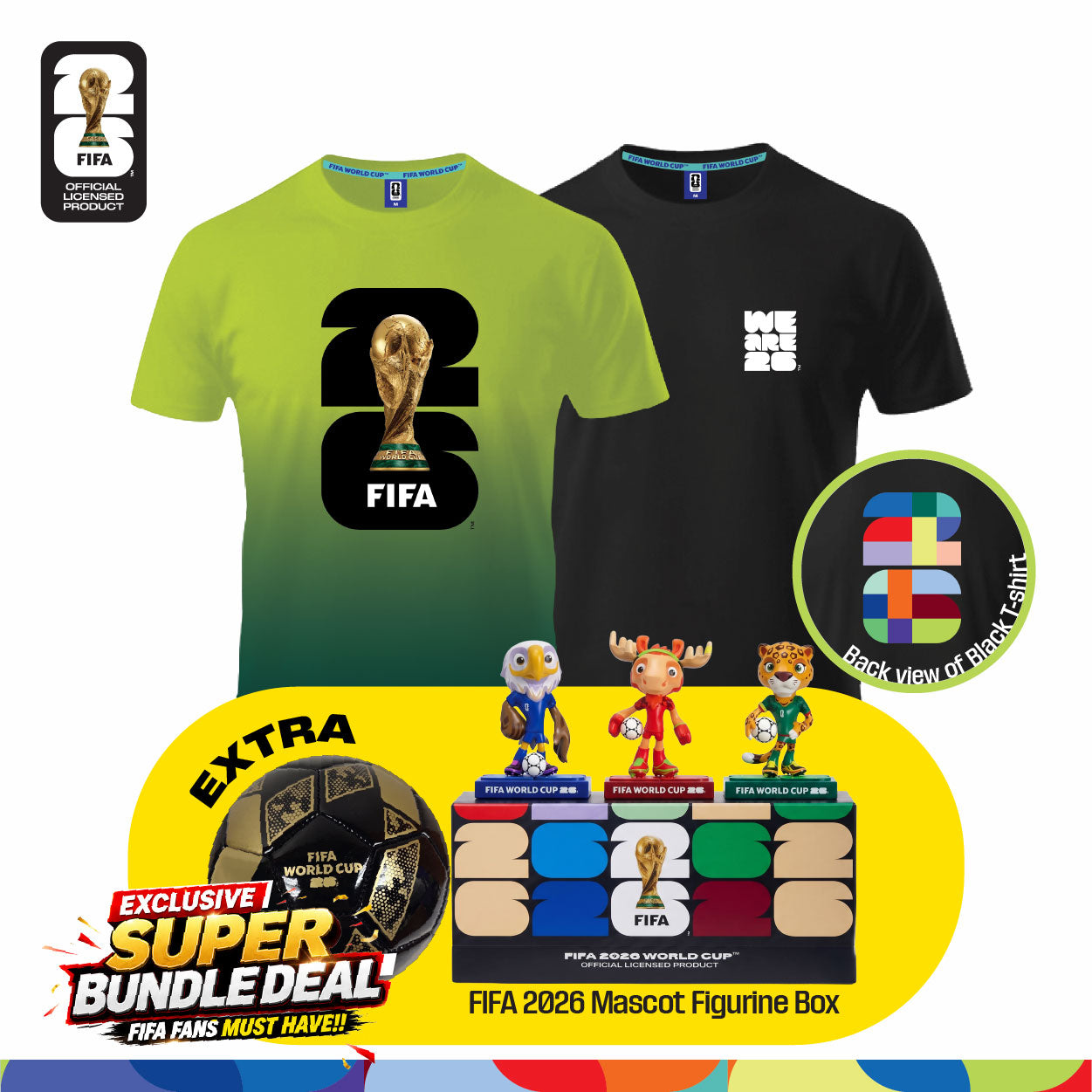 Fan Gear Frenzy (Official Licensed) FIFA 2026 Bundle - T‑Shirt (Black)+ Jersey (Green) + Football (Size-2) + Full Set Mascot Figurine Box