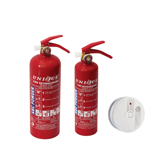 Unique Fire Dry Powder Fire Extinguisher 1kg + 2kg + Battery Smoke Detector