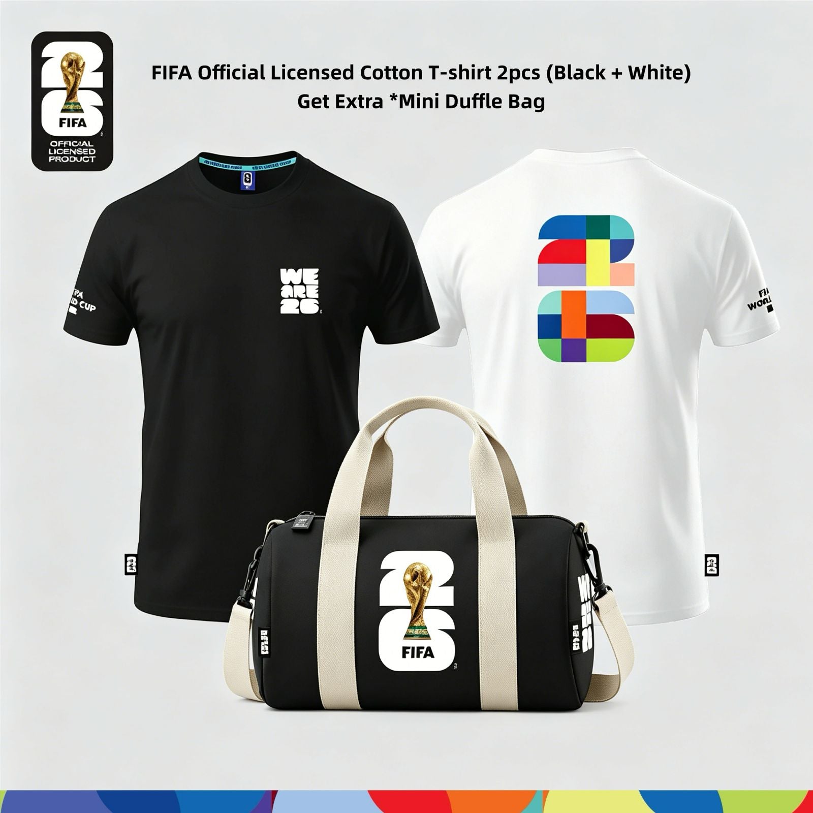 FIFA World Cup 2026™ Unisex Cotton Tee (Black + White) + FIFA World Cup 2026™ Mini Duffel Bag Black Color with Trophy